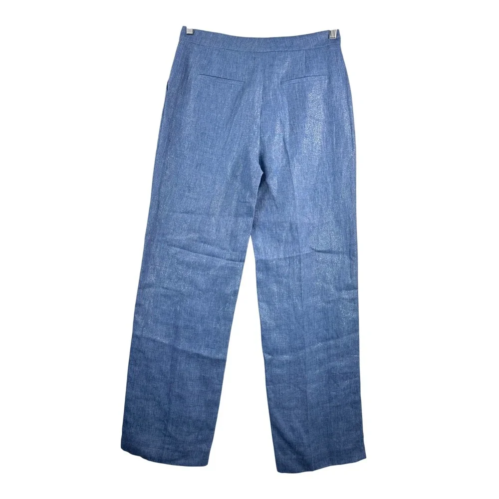 Zara Trousers sz S Blue Metallic Linen Blend‎ High Waist Straight Leg